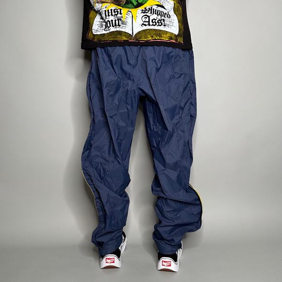 Vintage 90s Nike Track Pants Mens M Navy Blue Nylon Yellow Grey Ankle Swoosh - Picture 3 of 4